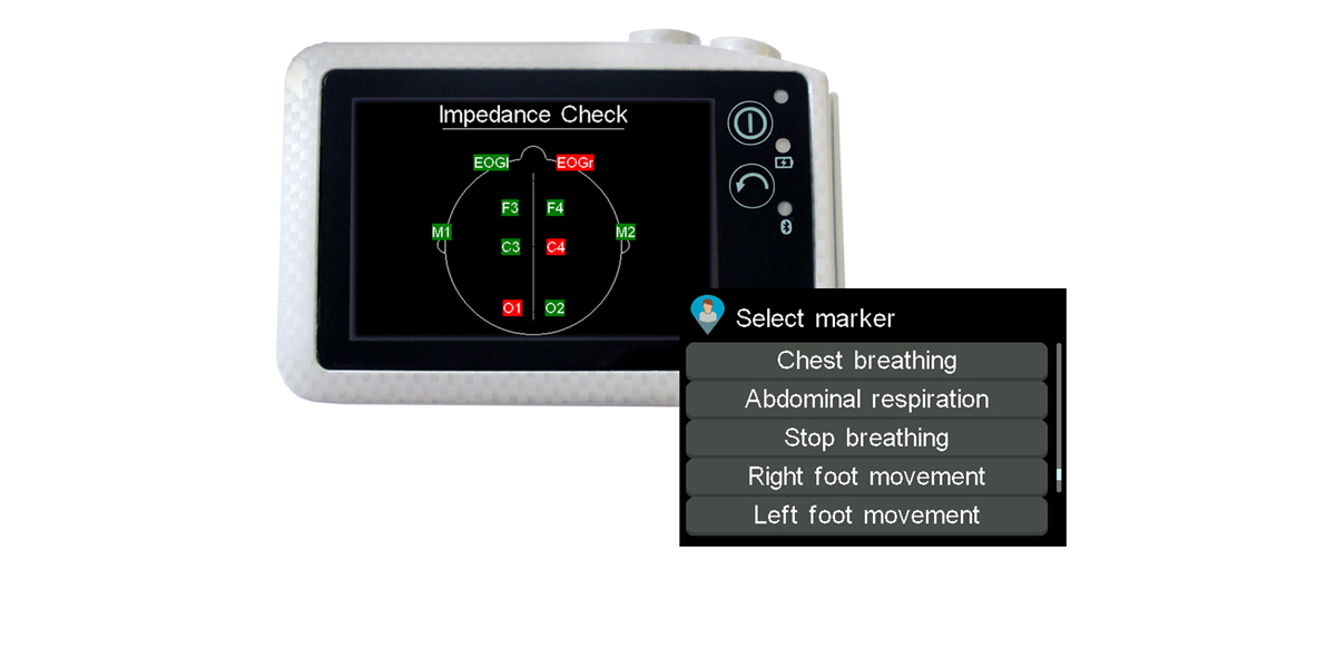 SOMNO HD PSG, Polysomnography sleep diagnostic device, sleep screener, with a screen showing impedance check and another screen showing a patient marker example. This PSG device allows bedside signal check. 