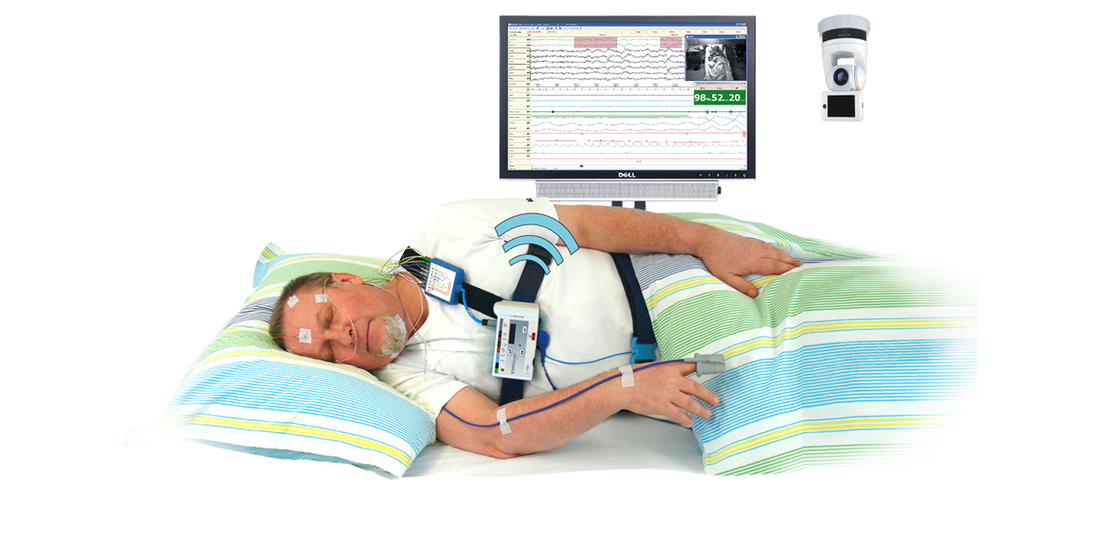 A patient wearing a SOMNOscreen Plus in a home/ambulatory setting. We offer a number of innovative camera solutions for the Sleep laboratory.