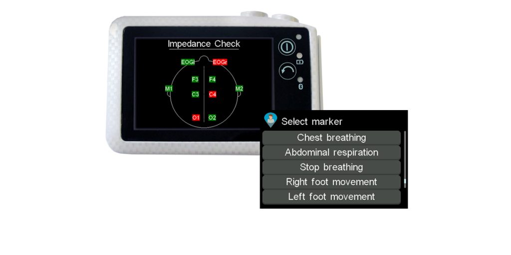 The SOMNOscreen HD touch screen allows for patient markers and impedance check direct at patients bedside.