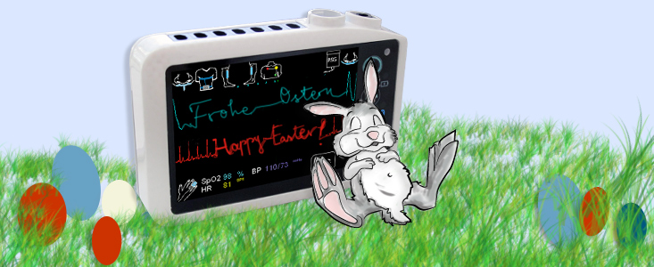 A easter bunny resting its head against a SOMNOmedics SOMNO HD sleep diagnostic device.